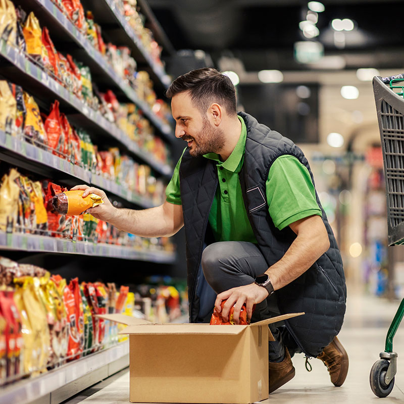 Man stocking shelves in a grocery store